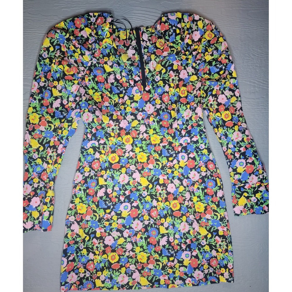 ♡Zara Floral Mini Dress Long Sleeve Puff Shoulder V-Neck Multi Color XL 8143/083